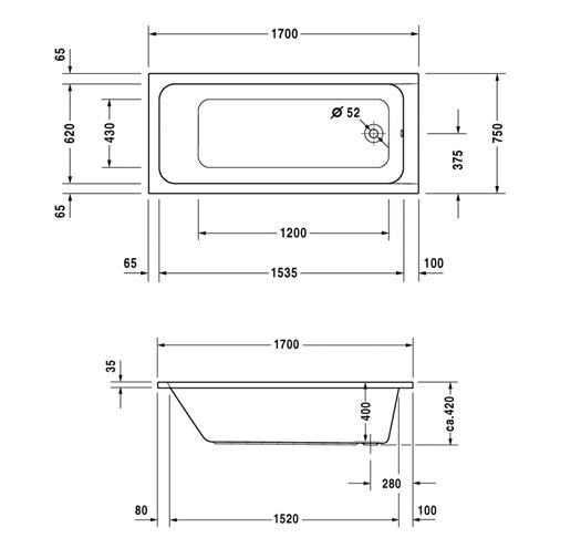 DURAVIT D-CODE vaňa 170x75 cm, bez nožičiek, akrylát 700100000000000 Technický nákres