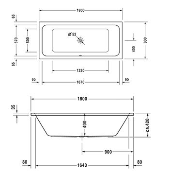 DURAVIT D-CODE vaňa 180x80 cm, pre 2 osoby, bez nožičiek, akrylát 700101000000000 Technický nákres