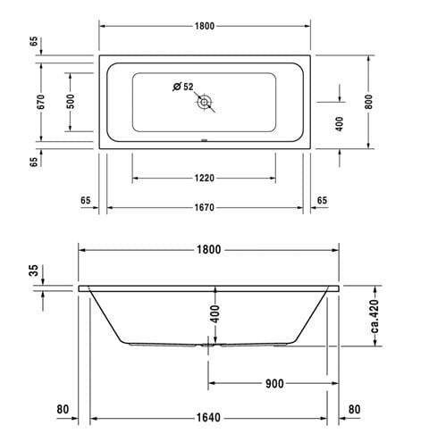 DURAVIT D-CODE vaňa 180x80 cm, pre 2 osoby, bez nožičiek, akrylát 700101000000000 Technický nákres