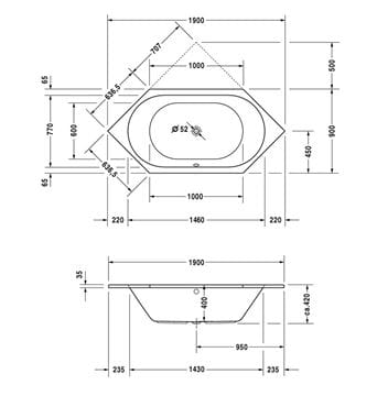 DURAVIT D-CODE vaňa 190x90 cm, pre 2 osoby, bez nožičiek, akrylát 700138000000000 Technický nákres