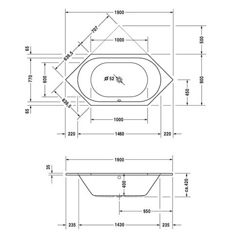 DURAVIT D-CODE vaňa 190x90 cm, pre 2 osoby, bez nožičiek, akrylát 700138000000000 Technický nákres