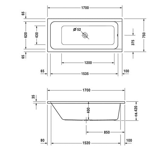 DURAVIT D-CODE vaňa 170x75 cm, bez nožičiek, akrylát 700099000000000 Technický nákres