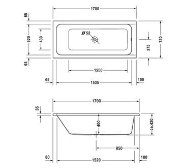 DURAVIT D-CODE vaňa 170x75 cm, bez nožičiek, akrylát 700099000000000 Technický nákres