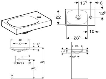 GEBERIT ACANTO umývadielko 40 cm, s otvorom pre batériu vpravo, bez prepadu, KeraTect 500.635.01.8 Technický nákres
