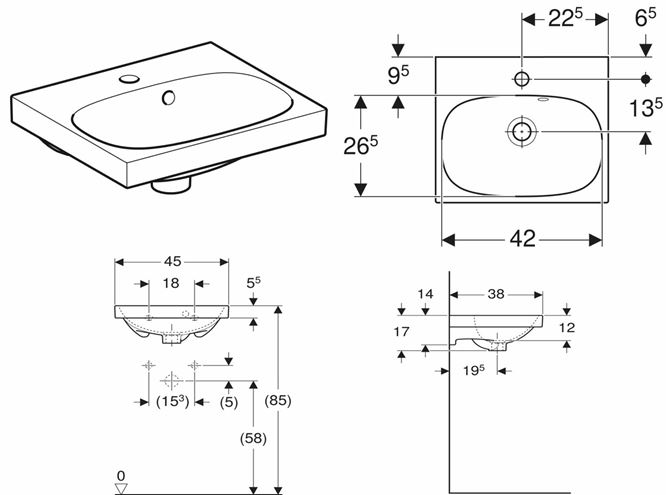 GEBERIT ACANTO umývadielko 45 cm, s otvorom pre batériu a prepadom, KeraTect 500.636.01.8 Technický nákres