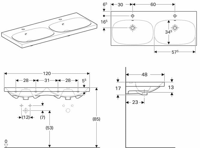GEBERIT ACANTO dvojumývadlo 120 cm, s 2 otvormi pre batérie a prepadom, KeraTec 500.627.01.8 Technický nákres