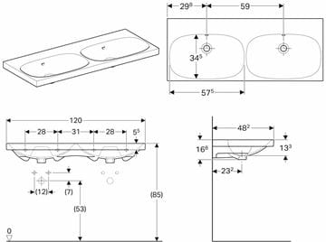 GEBERIT ACANTO dvojumývadlo 120 cm, s prepadom, KeraTec 500.628.01.8 Technický nákres