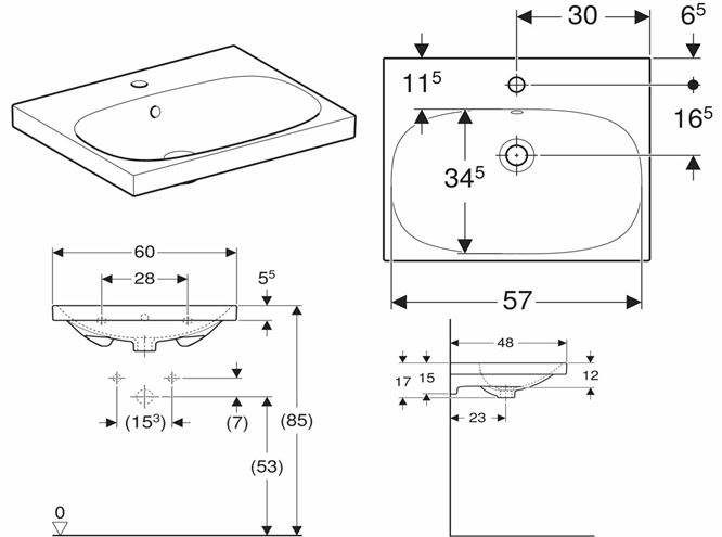 GEBERIT ACANTO umývadlo 60 cm, s otvorom pre batériu a prepadom, KeraTect 500.620.01.8 Obrázek - fotka