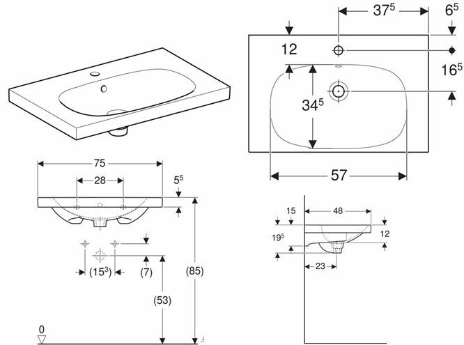 GEBERIT ACANTO umývadlo 75 cm, s otvorom pre batériu a prepadom, KeraTect 500.622.01.8 Technický nákres