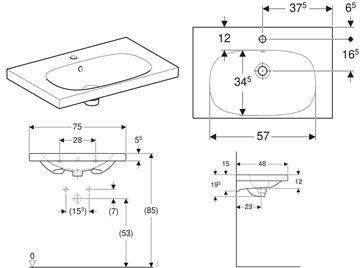 GEBERIT ACANTO umývadlo 75 cm, s otvorom pre batériu a prepadom, KeraTect 500.622.01.8 Technický nákres