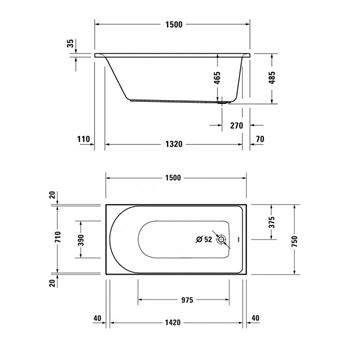 DURAVIT D-NEO vaňa 150x75 cm, bez nožičiek, akrylát 700471000000000 Technický nákres