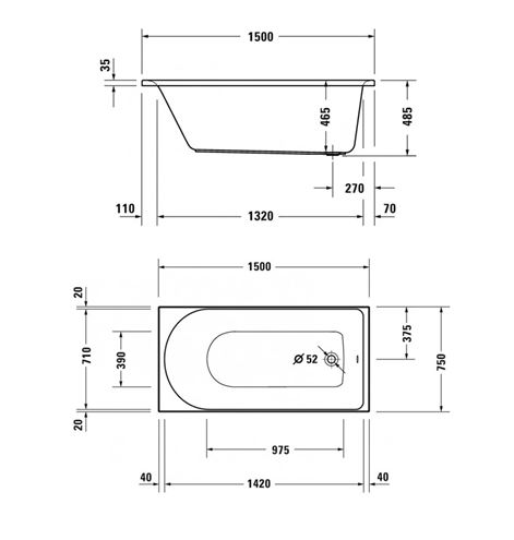 DURAVIT D-NEO vaňa 150x75 cm, bez nožičiek, akrylát 700471000000000 Technický nákres