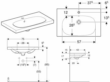 GEBERIT ACANTO umývadlo 75 cm, s otvorom pre batériu a prepadom, KeraTect 500.632.01.8 Technický nákres