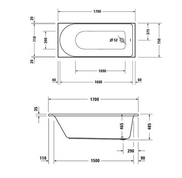 DURAVIT D-NEO vaňa 170x75 cm, bez nožičiek, akrylát 700479000000000 Technický nákres
