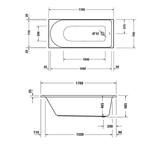 DURAVIT D-NEO vaňa 170x75 cm, bez nožičiek, akrylát 700479000000000 Technický nákres