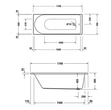 DURAVIT D-NEO vaňa 170x70, cm, bez nožičiek, akrylát 700478000000000 Technický nákres