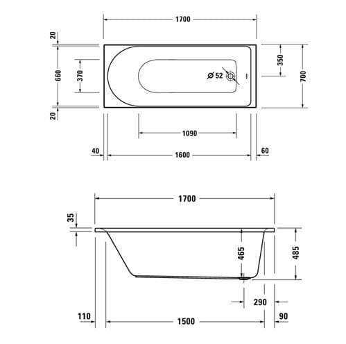 DURAVIT D-NEO vaňa 170x70, cm, bez nožičiek, akrylát 700478000000000 Technický nákres