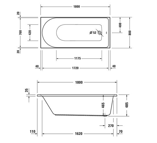 DURAVIT D-NEO vaňa 180x80, cm, bez nožičiek, akrylát 700475000000000 Technický nákres