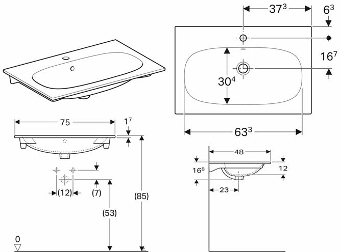 GEBERIT ACANTO umývadlo 75 cm, s otvorom pre batériu a prepadom, KeraTect 500.641.01.8 Technický nákres