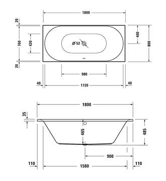 DURAVIT D-NEO vaňa 180x80 cm, pre 2 osoby, bez nožičiek, akrylát 700476000000000 Technický nákres