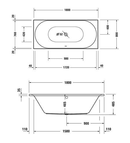 DURAVIT D-NEO vaňa 180x80 cm, pre 2 osoby, bez nožičiek, akrylát 700476000000000 Technický nákres