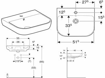 GEBERIT SMYLE umývadlo 55 cm, s otvorom pre batériu a prepadom 500.227.01.1 Technický nákres