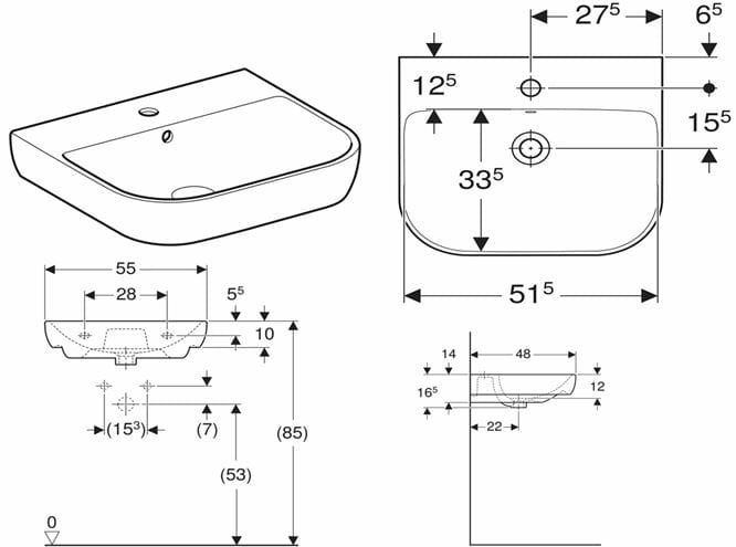 GEBERIT SMYLE umývadlo 55 cm, s otvorom pre batériu a prepadom 500.227.01.1 Technický nákres