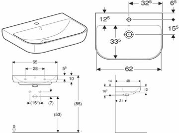 GEBERIT SMYLE umývadlo 65 cm, s otvorom pre batériu a prepadom 500.230.01.1 Technický nákres