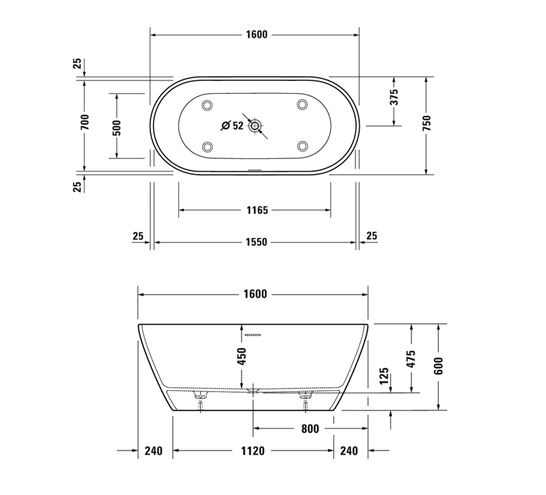 DURAVIT D-NEO voľne stojaca vaňa 160x75 cm, pre 2 osoby, s nožičkami, DuraSolid 700477000000000 Technický nákres
