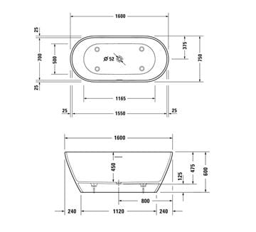 DURAVIT D-NEO voľne stojaca vaňa 160x75 cm, pre 2 osoby, s nožičkami, DuraSolid 700477000000000 Technický nákres