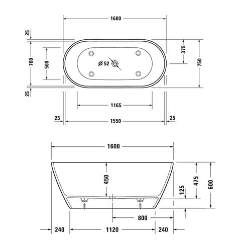 DURAVIT D-NEO voľne stojaca vaňa 160x75 cm, pre 2 osoby, s nožičkami, DuraSolid 700486000000000 Technický nákres