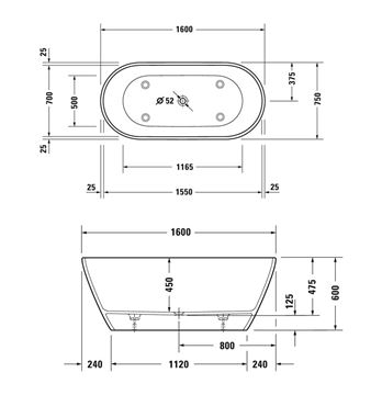 DURAVIT D-NEO voľne stojaca vaňa 160x75 cm, pre 2 osoby, s nožičkami, DuraSolid 700486000000000 Technický nákres