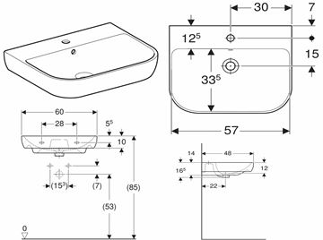 GEBERIT SMYLE umývadlo 60 cm, s otvorom pre batériu a prepadom 500.228.01.1 Technický nákres