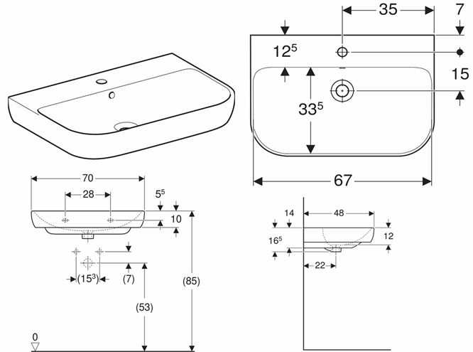 GEBERIT SMYLE umývadlo 70 cm, s otvorom pre batériu a prepadom 500.248.01.1 Technický nákres