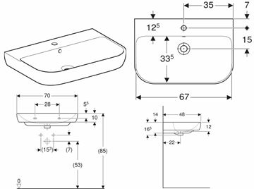 GEBERIT SMYLE umývadlo 70 cm, s otvorom pre batériu a prepadom 500.248.01.1 Technický nákres