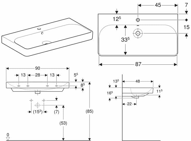GEBERIT SMYLE SQUARE umývadlo 90 cm, s otvorom pre batériu a prepadom 500.251.01.1 Technický nákres