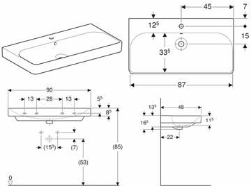 GEBERIT SMYLE SQUARE umývadlo 90 cm, s otvorom pre batériu a prepadom 500.251.01.1 Technický nákres