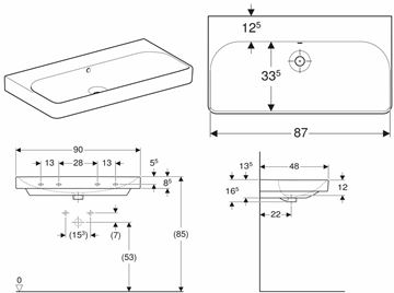 GEBERIT SMYLE SQUARE umývadlo 90 cm, s prepadom 500.250.01.1 Technický nákres