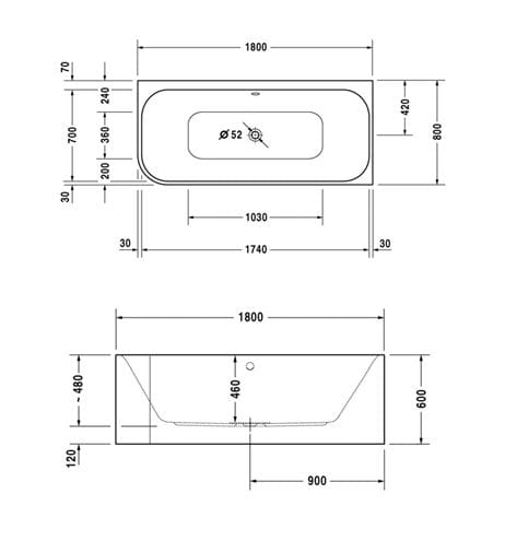 DURAVIT HAPPY D.2 rohová vaňa 180x80 cm, pre 2 osoby, s panelom a nožičkami, akrylát 700317000000000 Technický nákres