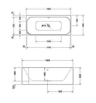 DURAVIT HAPPY D.2 rohová vaňa 180x80 cm, pre 2 osoby, s panelom a nožičkami, akrylát 700317000000000 Technický nákres