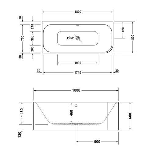 DURAVIT HAPPY D.2 rohová vaňa 180x80 cm, pre 2 osoby, s panelom a nožičkami, akrylát 700316000000000 Technický nákres
