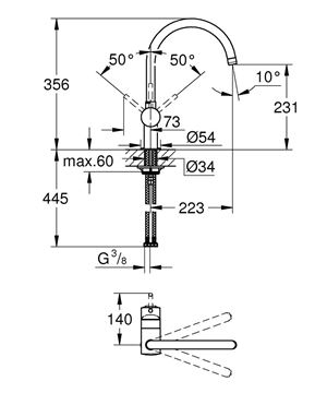 GROHE MINTA drezová batéria, chróm 32917000 Technický nákres