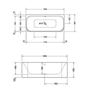 DURAVIT HAPPY D.2 vaňa 180x80 cm, pre 2 osoby, s nožičkami, akrylát 700318000000000 Technický nákres