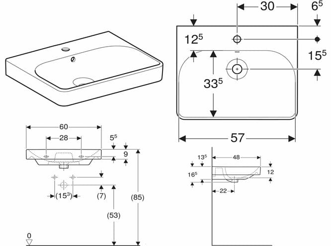 GEBERIT SMYLE SQUARE umývadlo 60 cm, s otvorom pre batériu a prepadom 500.229.01.1 Technický nákres