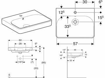 GEBERIT SMYLE SQUARE umývadlo 60 cm, s otvorom pre batériu a prepadom 500.229.01.1 Technický nákres