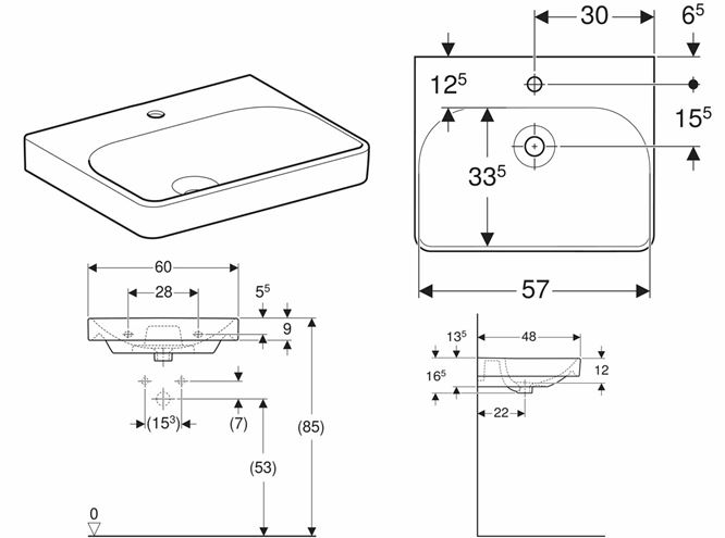 GEBERIT SMYLE SQUARE umývadlo 60 cm, s otvorom pre batériu, bez prepadu 501.732.00.1 Obrázek - fotka