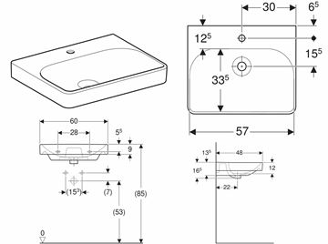 GEBERIT SMYLE SQUARE umývadlo 60 cm, s otvorom pre batériu, bez prepadu 501.732.00.1 Obrázek - fotka