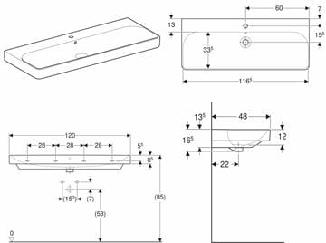 GEBERIT SMYLE SQUARE umývadlo 120 cm, s otvorom pre batériu a prepadom 500.226.01.1 Technický nákres