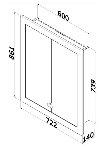 DŘEVOJAS GRID GA2OE 60 zrkadlová skrinka vstavaná 72,4x86,3x14 cm, osvetlenie, s el. zásuvkou, lamino, vysoko lesklá biela 49310 Technický nákres