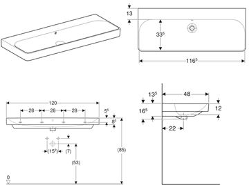 GEBERIT SMYLE SQUARE umývadlo 120 cm, s prepadom 500.225.01.1 Technický nákres
